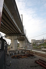 行く手には新幹線の高架新旧の鉄道が出会う